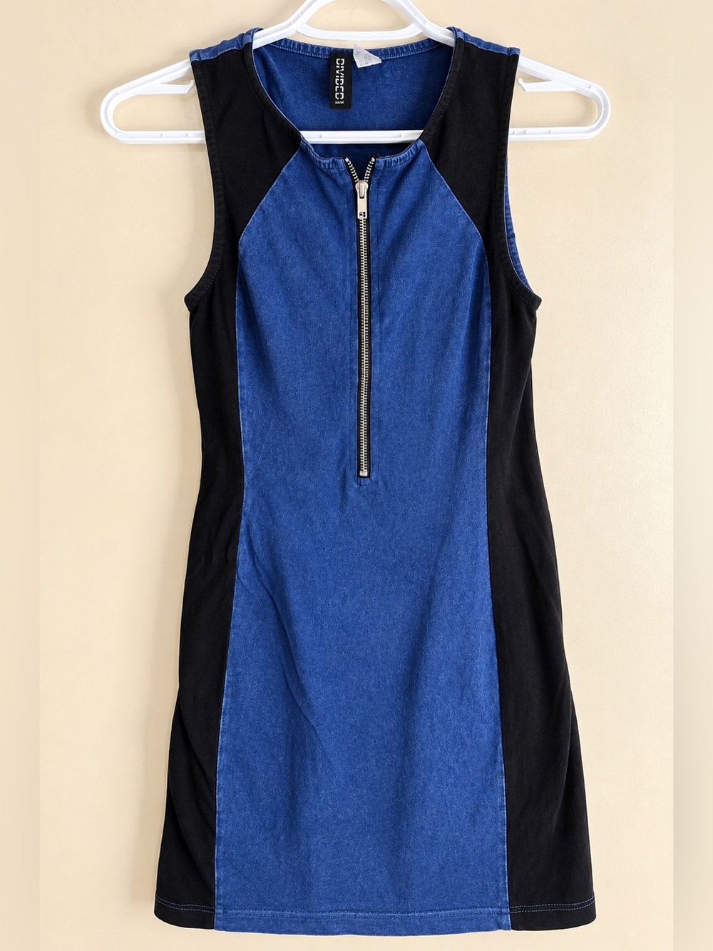H&M Blue and Black Sleeveless Zip-Front Mini Dress